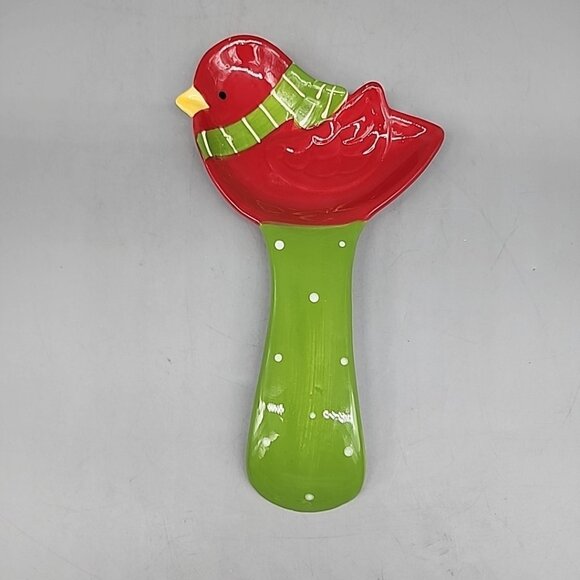 Pier One Christmas Spoon Rest Cardinal Red Bird with Scarf Red Green Holiday 9.5 - Picture 1 of 3